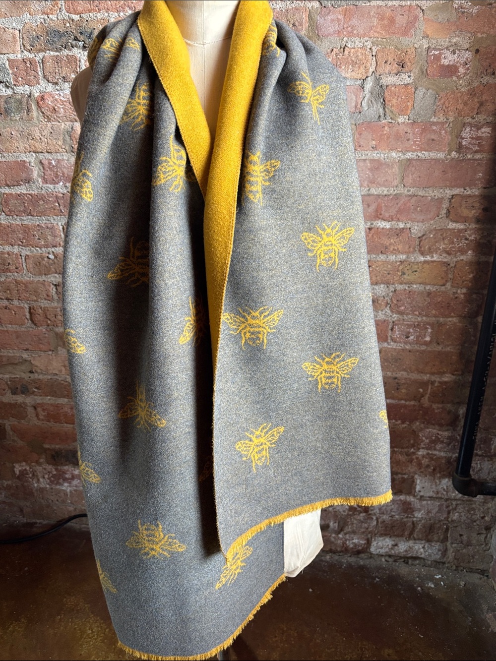 Heritage Gray and Yellow Bee Reversible Scarf Wrap